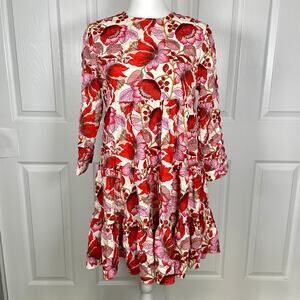 Zara Sharon Dress Floral Tiered Textured Swing Dress Small Red Pink